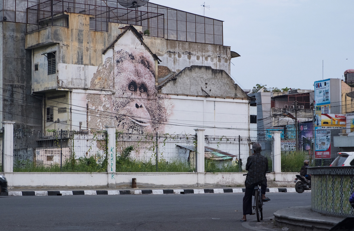 VHILS tapanuli orangutan street art Man with bike