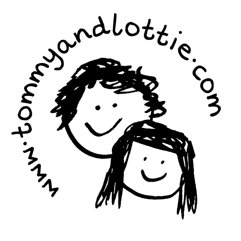 A black and white drawing of two children with the web address for Tommy and Lottie