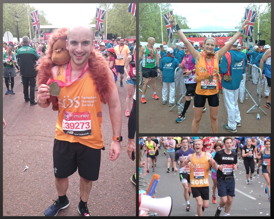 A collage of three images of people running the London Marathon.