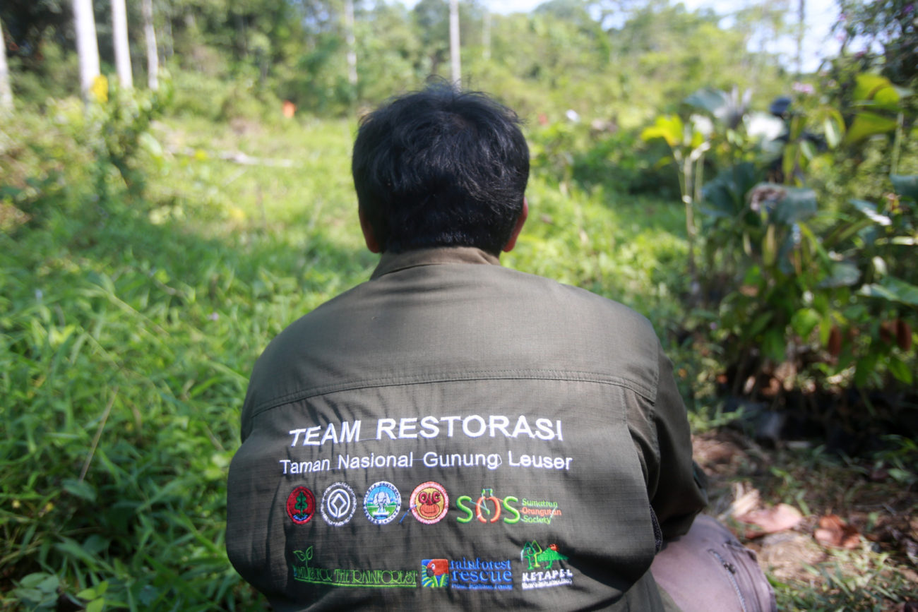 A man is sitting with his back to the camera. He is wearing a shirt which says 'Team Restorasi' on it.