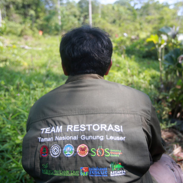 A man is sitting with his back to the camera. He is wearing a shirt which says 'Team Restorasi' on it.