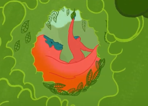 Illustrated orangutan cradling offspring in a tree. The offspring is reaching for a leaf.