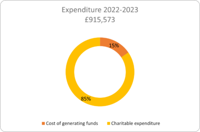 A graph showing our total expenditure of £915,573, and the percentages spent on generating funds (15%) and on charitable expenditure (85%)