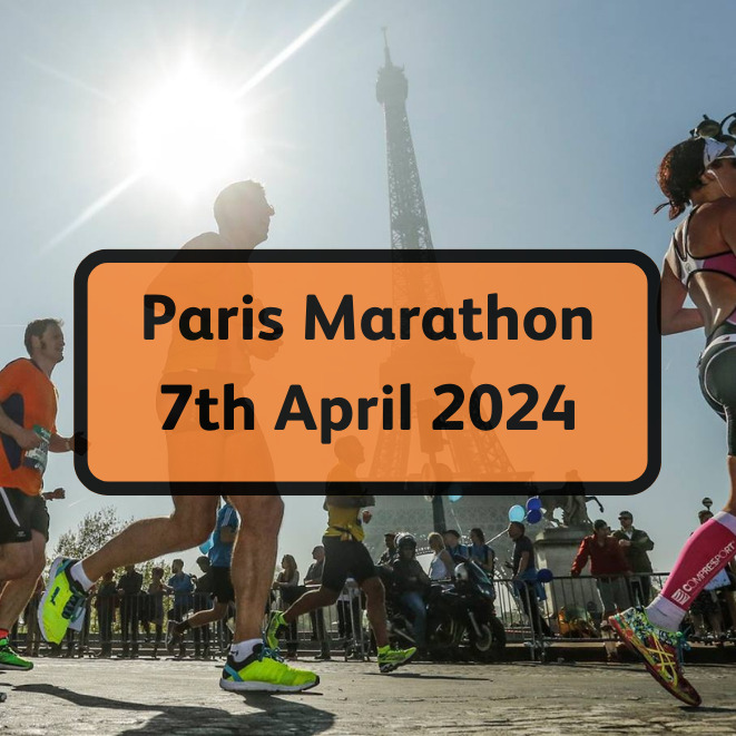 A runner in front of the Eiffel tower, with text overlay saying 'Paris Marathon 7th April 2024'