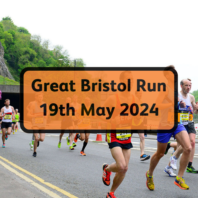 Runners in an event, with text overlay reading 'Great Bristol Run 19th May 2024'