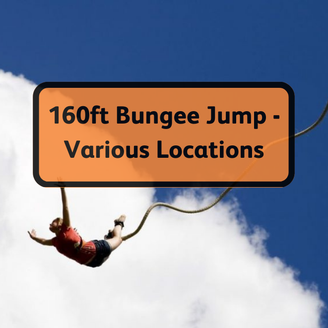 A person jumps through the air with a bungee rope attached. Overlay text reads '160ft bungee jump - various locations'