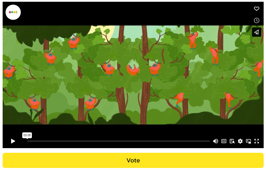 A screenshot of a video player showing an illustration of numerous orangutans in dense forest, with a button below reading 'vote'