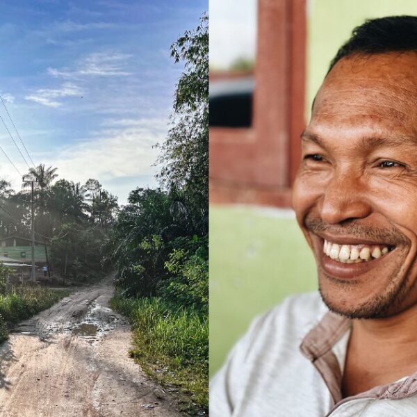 A collage image showing Sibagindar village and the village head.